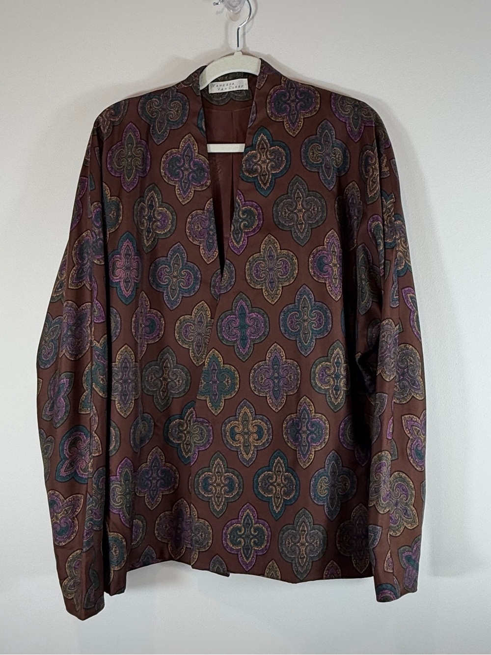 Vanessa Van Cleef 100% Silk Brown Patterned Tunic Jacket Size 8